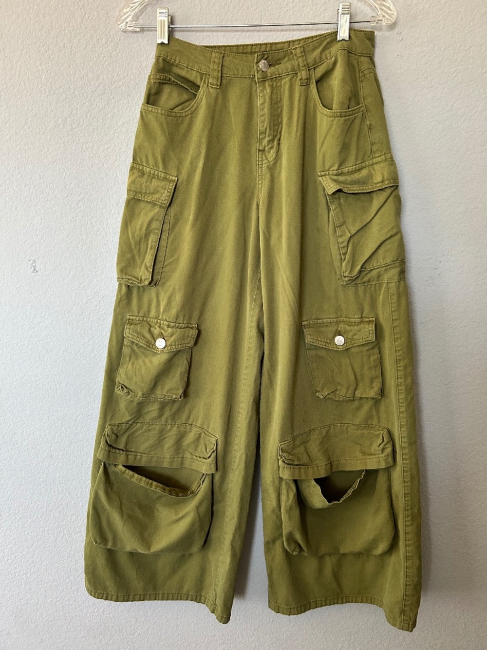 Forever 21 Olive Green Cargo Pants Sz S Wide Leg Multi Pocket Utility Y2K